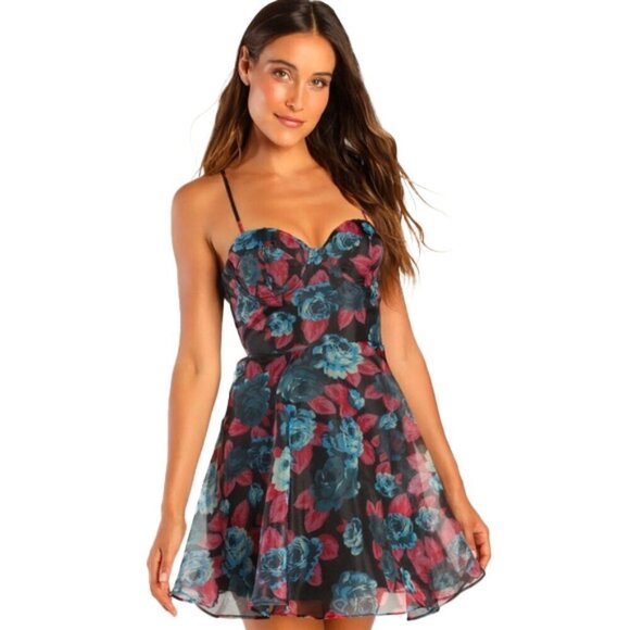 🆕 LULUS Gorgeous Ideas Navy Blue Floral Organza Skater Mini Floral Dress M - Picture 1 of 10